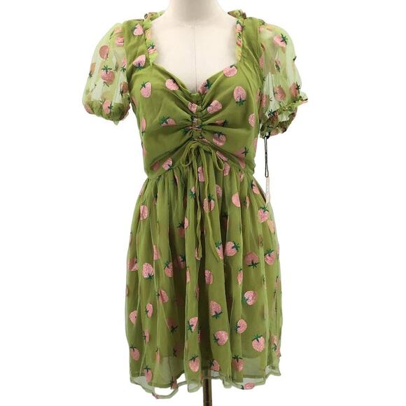 UNIQUE VINTAGE SMAK PARLOUR L green strawberry print mesh glitter dress - Picture 2 of 9